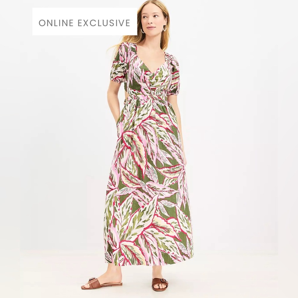 LOFT Beach Palm Cutout Maxi Dress‎ - NWT - Tropical Olive and Pink